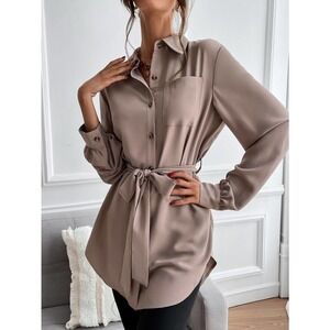 long sleeve Button down Belted tunic length Shirt tan